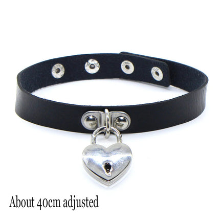 Black Punk Choker Necklace - PU Leather Heart Lock Key Spike Gothic Collar