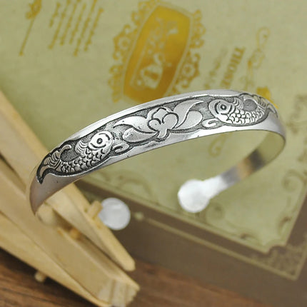 Retro Tibetan Silver Cuff Bracelets - Metal Carved Fish Elephant Flower Bangles