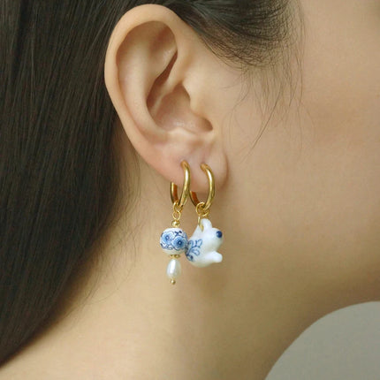 Asymmetric Ceramic Flower & Pearl Hoop Earrings