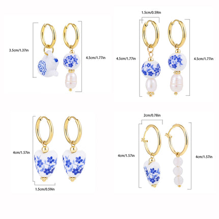 Asymmetric Ceramic Flower & Pearl Hoop Earrings