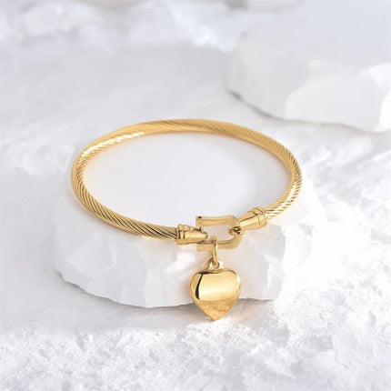 18K Gold Stainless Steel Heart Bangle - Pendant Charm Bracelet for Women & Men