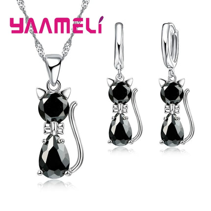 925 Sterling Silver Cat Jewelry Set - Austrian Crystal Necklace & Earrings for Women