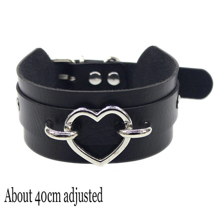 Black Punk Choker Necklace - PU Leather Heart Lock Key Spike Gothic Collar