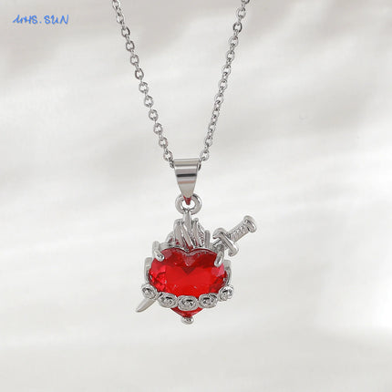 Sacred Red Heart Cross Necklace - Gold Plated Cubic Zircon Pendant