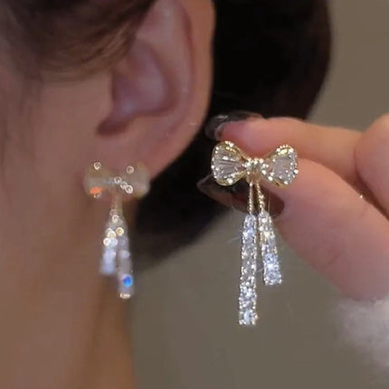 Gold Bow Stud Earrings - Rhinestone Dangle Earrings for Women