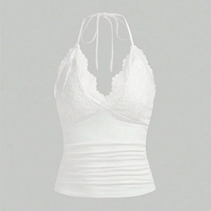 Lace Patchwork Halter Top - Backless Tank Top