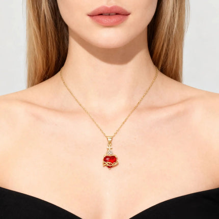 Sacred Red Heart Cross Necklace - Gold Plated Cubic Zircon Pendant