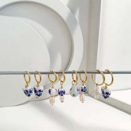 Asymmetric Ceramic Flower & Pearl Hoop Earrings