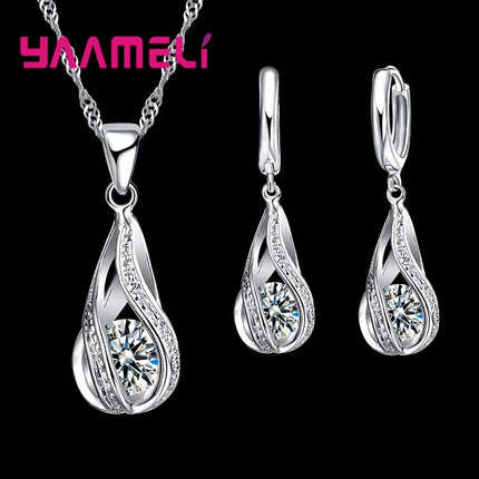 Water Drop CZ Jewelry Set - 925 Sterling Silver Plated Necklace & Earrings for Women