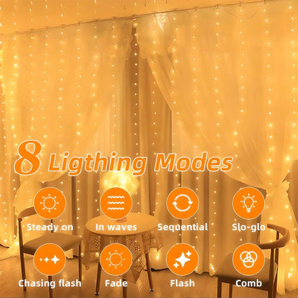 Solar Curtain String Lights - 300 LED Waterproof Outdoor Lights