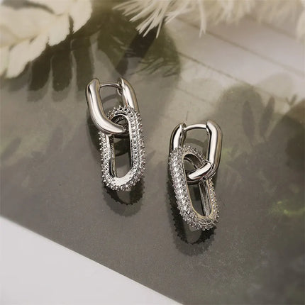 Shiny Rhinestone Geometric Earrings - Light Luxury Elliptical Double Ring for Women