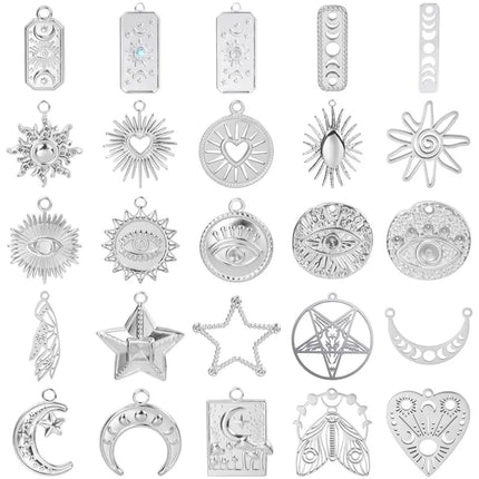 Stainless Steel Celestial Charms - Heart Sun Moon Star Pendants for DIY Jewelry (5pcs)