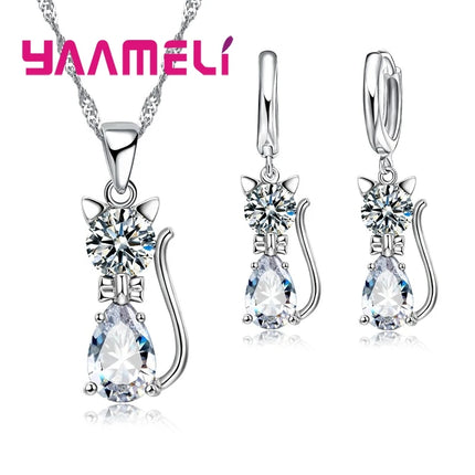 925 Sterling Silver Cat Jewelry Set - Austrian Crystal Necklace & Earrings for Women