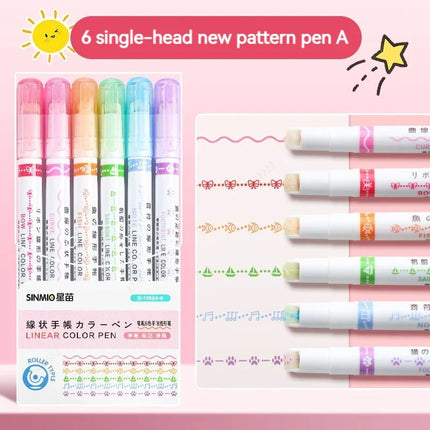 Flower Line Shape Highlighter Pens 6PCS - Kawaii Curve Liner Markers