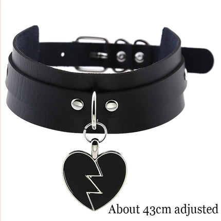 Black Punk Choker Necklace - PU Leather Heart Lock Key Spike Gothic Collar