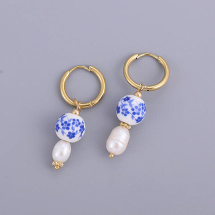 Asymmetric Ceramic Flower & Pearl Hoop Earrings