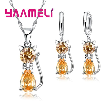 925 Sterling Silver Cat Jewelry Set - Austrian Crystal Necklace & Earrings for Women