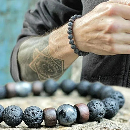 8mm Volcanic Lava Stone Bracelet - Tibetan Buddha Wooden Beads for Men
