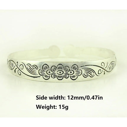 Retro Tibetan Silver Cuff Bracelets - Metal Carved Fish Elephant Flower Bangles