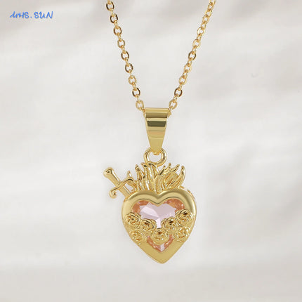 Sacred Red Heart Cross Necklace - Gold Plated Cubic Zircon Pendant