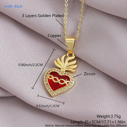 Sacred Red Heart Cross Necklace - Gold Plated Cubic Zircon Pendant