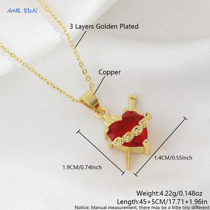 Sacred Red Heart Cross Necklace - Gold Plated Cubic Zircon Pendant