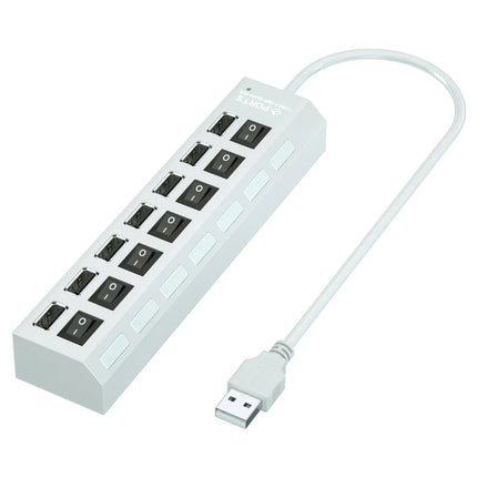 7-Port USB Hub with Power Adapter - Multi-Port Splitter with On/Off Switches
