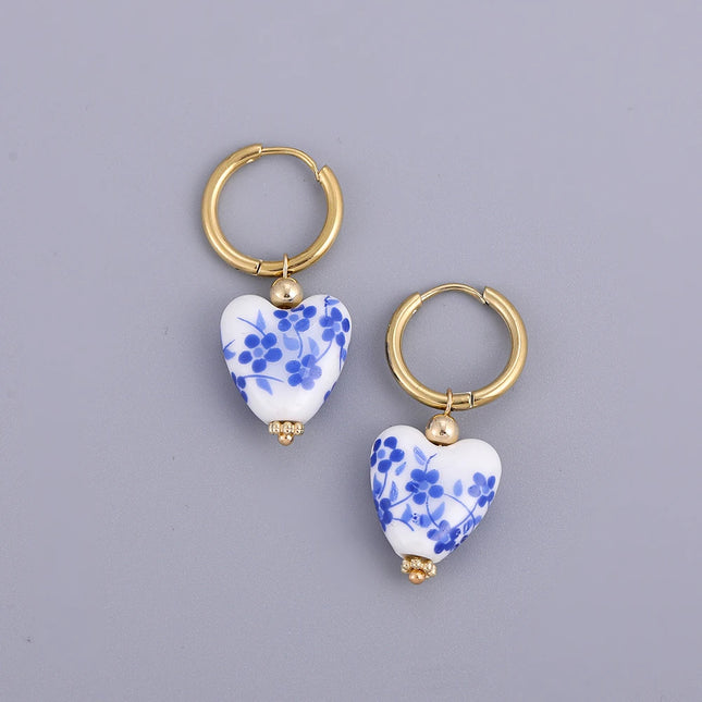 Asymmetric Ceramic Flower & Pearl Hoop Earrings