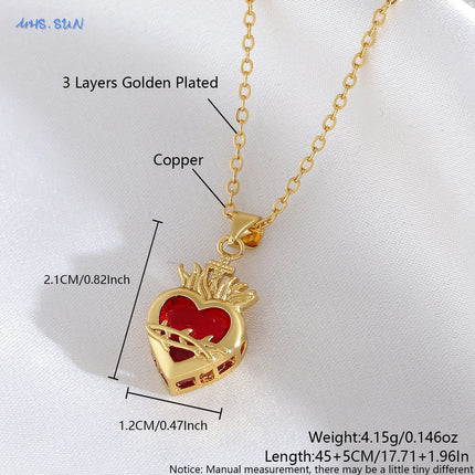 Sacred Red Heart Cross Necklace - Gold Plated Cubic Zircon Pendant