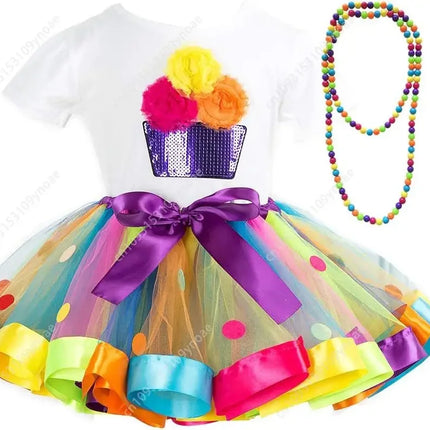 Rainbow Tutu Skirt Set - 2pc Polka Dot Ballet Outfit with Accessories