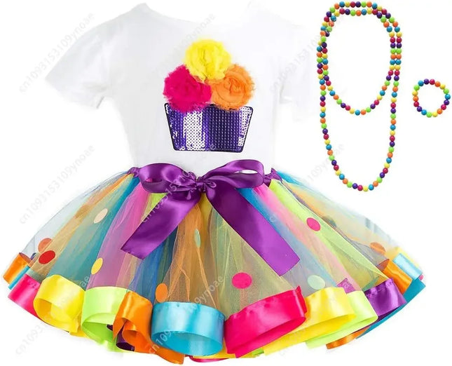 Rainbow Tutu Skirt Set - 2pc Polka Dot Ballet Outfit with Accessories