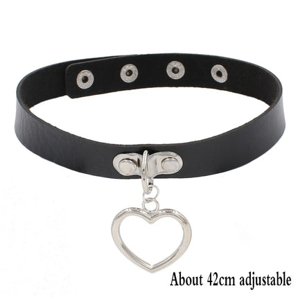 Black Punk Choker Necklace - PU Leather Heart Lock Key Spike Gothic Collar