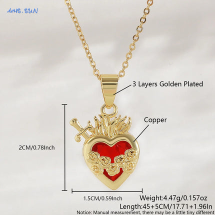 Sacred Red Heart Cross Necklace - Gold Plated Cubic Zircon Pendant