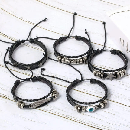 Evil Eye Wing Star Bracelet Set - 5-Piece DIY Braided Punk PU Leather & Beads