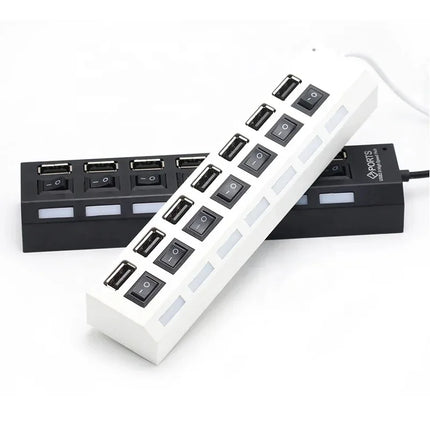 7-Port USB Hub with Power Adapter - Multi-Port Splitter with On/Off Switches