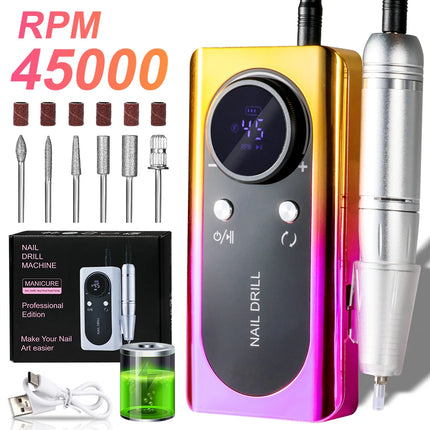 Professional 45000RPM Electric Portable Nail Drill Machine Rechargeable Low Noise Nail Sander File for Manicure Salon Tool