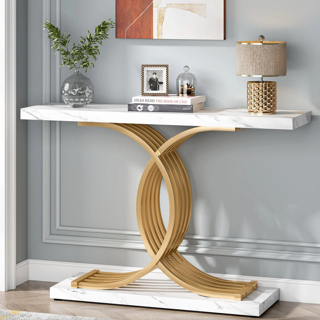 Gold Console Table - Faux Marble Entryway Table 39"