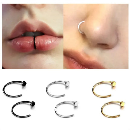 316L Stainless Steel Fake Nose Rings Set - Non-Piercing Hoop Studs for Women & Men (2/6pcs)
