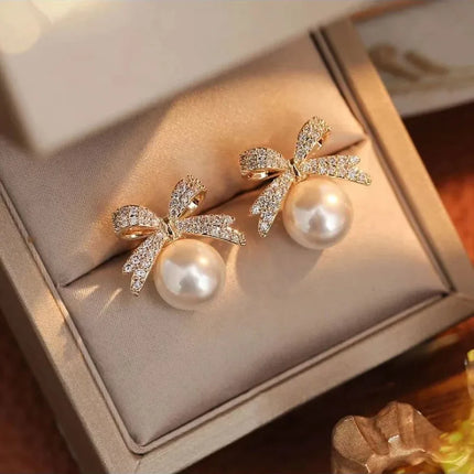French Pearl Bow Earrings - Delicate Crystal Stud Earrings for Women