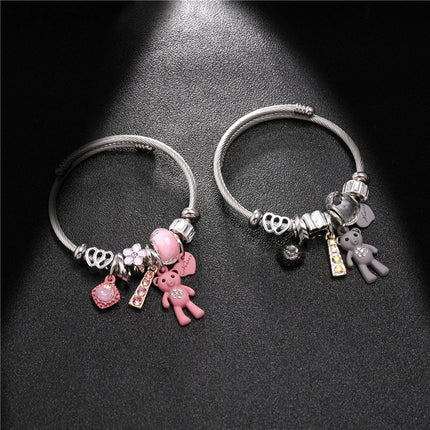Stainless Steel Pink Bear Charm Bracelet - Heart & Love Cuff Bangle