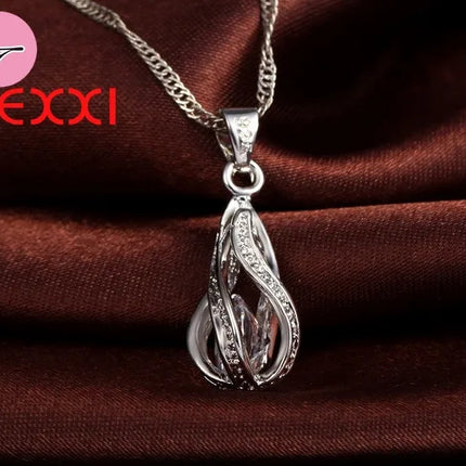 Water Drop CZ Jewelry Set - 925 Sterling Silver Plated Necklace & Earrings for Women