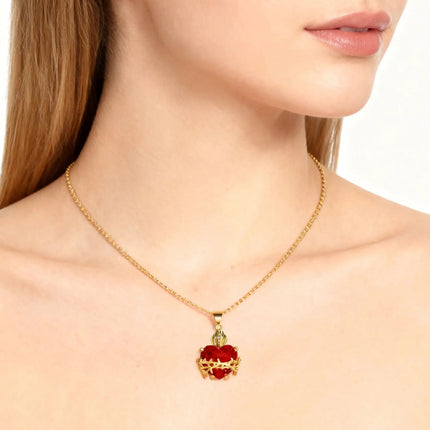 Sacred Red Heart Cross Necklace - Gold Plated Cubic Zircon Pendant