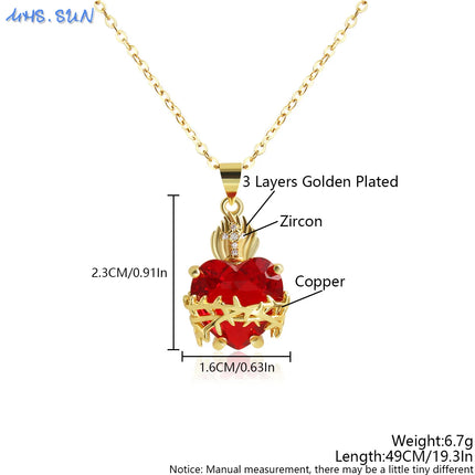 Sacred Red Heart Cross Necklace - Gold Plated Cubic Zircon Pendant