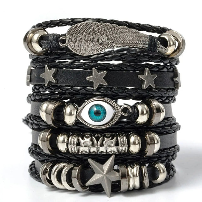 Evil Eye Wing Star Bracelet Set - 5-Piece DIY Braided Punk PU Leather & Beads