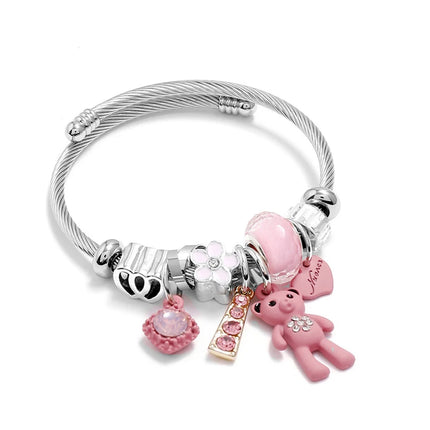 Stainless Steel Pink Bear Charm Bracelet - Heart & Love Cuff Bangle