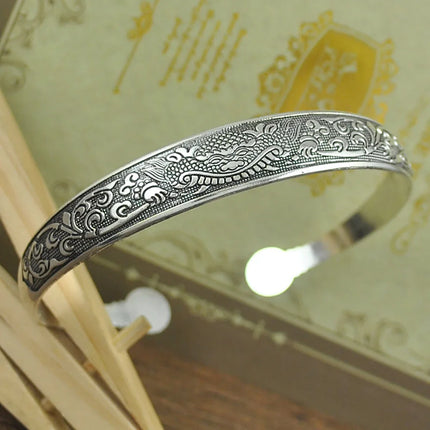 Retro Tibetan Silver Cuff Bracelets - Metal Carved Fish Elephant Flower Bangles