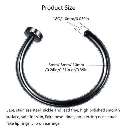 316L Stainless Steel Fake Nose Rings Set - Non-Piercing Hoop Studs for Women & Men (2/6pcs)