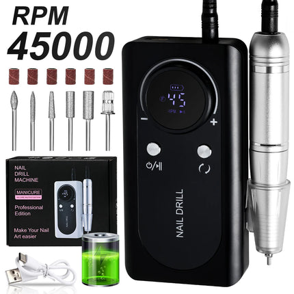 Professional 45000RPM Electric Portable Nail Drill Machine Rechargeable Low Noise Nail Sander File for Manicure Salon Tool