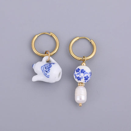 Asymmetric Ceramic Flower & Pearl Hoop Earrings