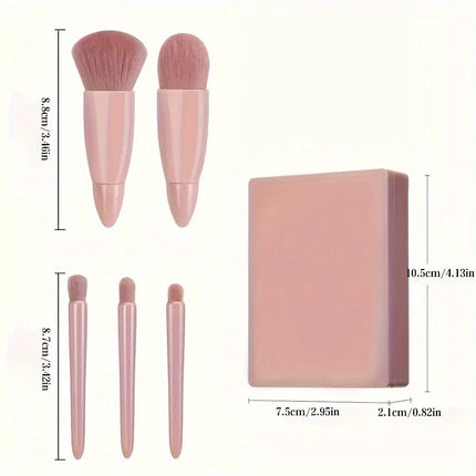 5 PCs Cosmetic Brush Portable Makeup Brush Travel With Mirror Box Makeup Set Brush Loose Brush Blush Brush Eyeshadow Brush